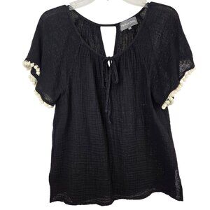 Womens S Black Boho Keyhole Tie Front Top Hippy Cottagecore Whimsigoth Casual